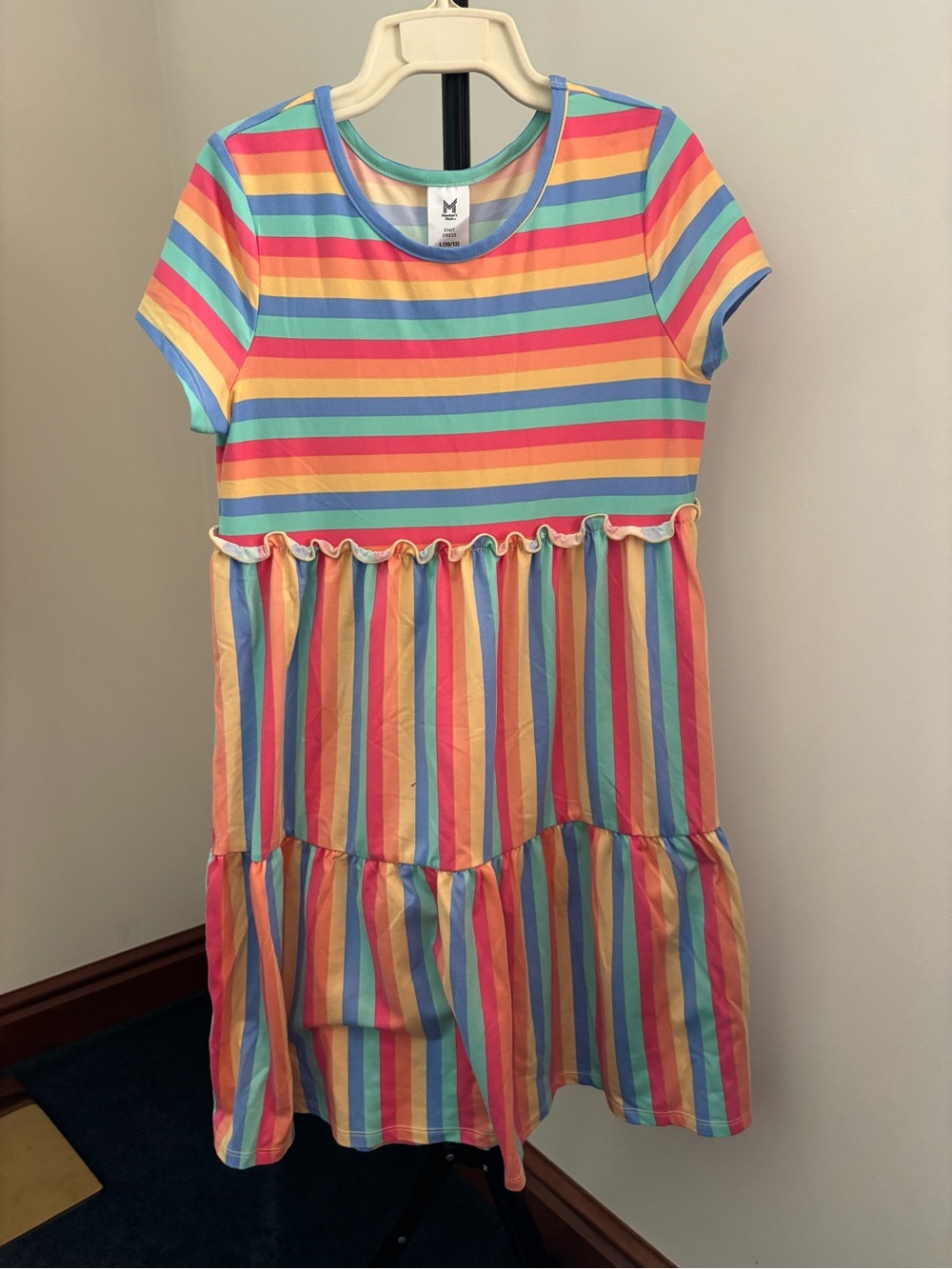 Girls' Rainbow Stripe Short-Sleeve Tiered Dress - Multicolor
